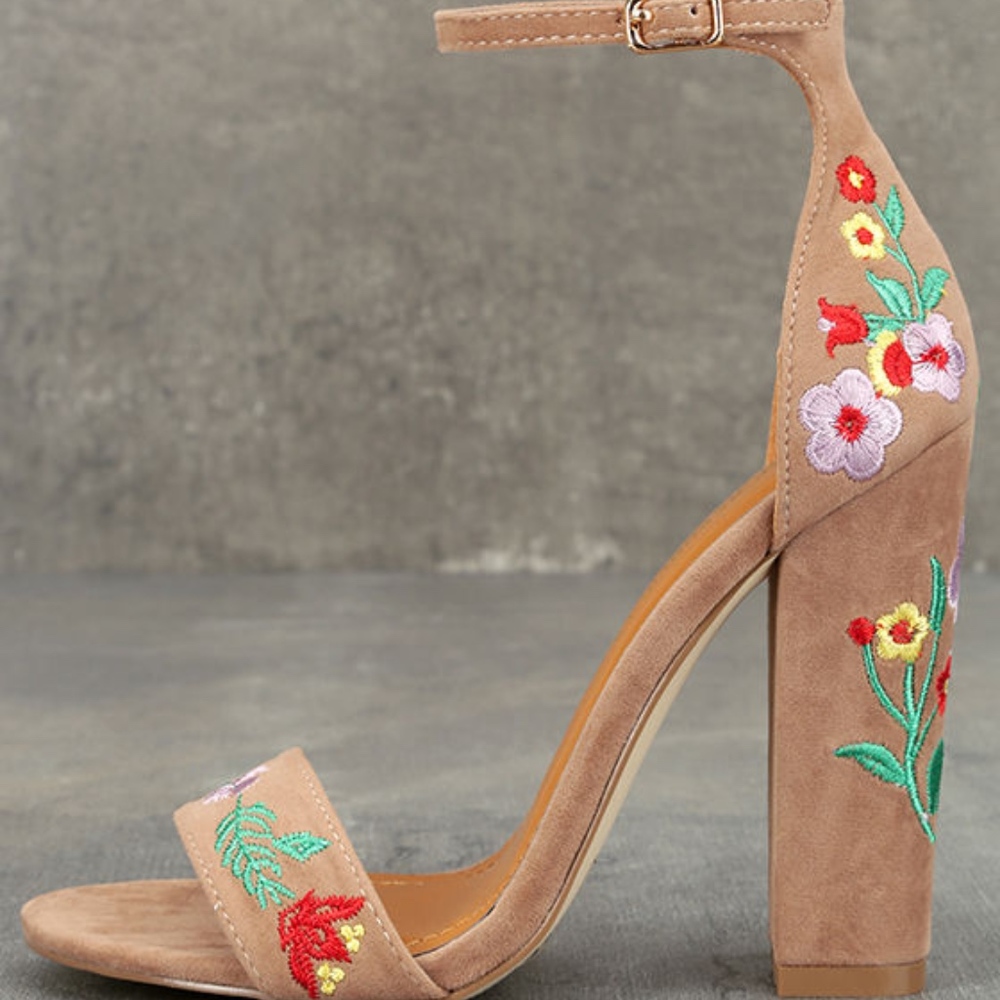 SURI TAUPE EMBROIDERED ANKLE STRAP HEELS